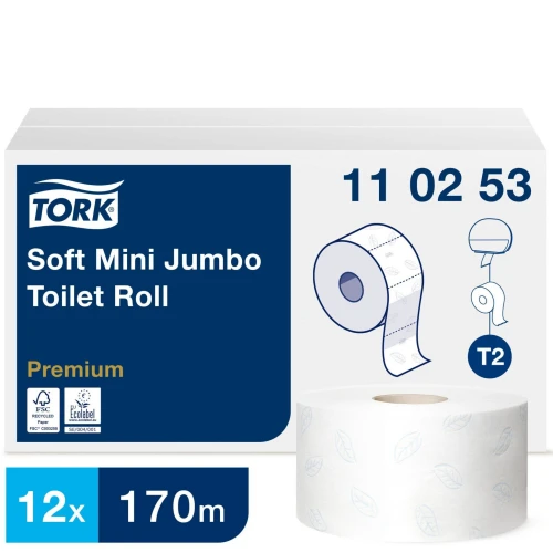 Papier toaletowy mini jumbo rola miękki Tork 110253 Premium, długość 170 m, celuloza dwuwarstwowa, system T2